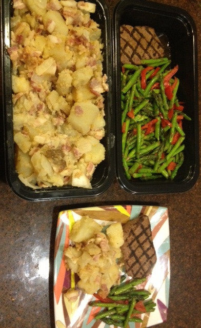Family Style - Sirloin, Asparagus w Peppers, and Home Fries w Bacon & Onions